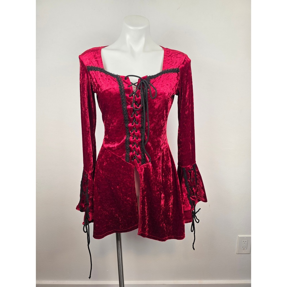 Lip Service Vintage Red Crushed Velvet Lace Up Bell Sleeve Tunic Dress Medium